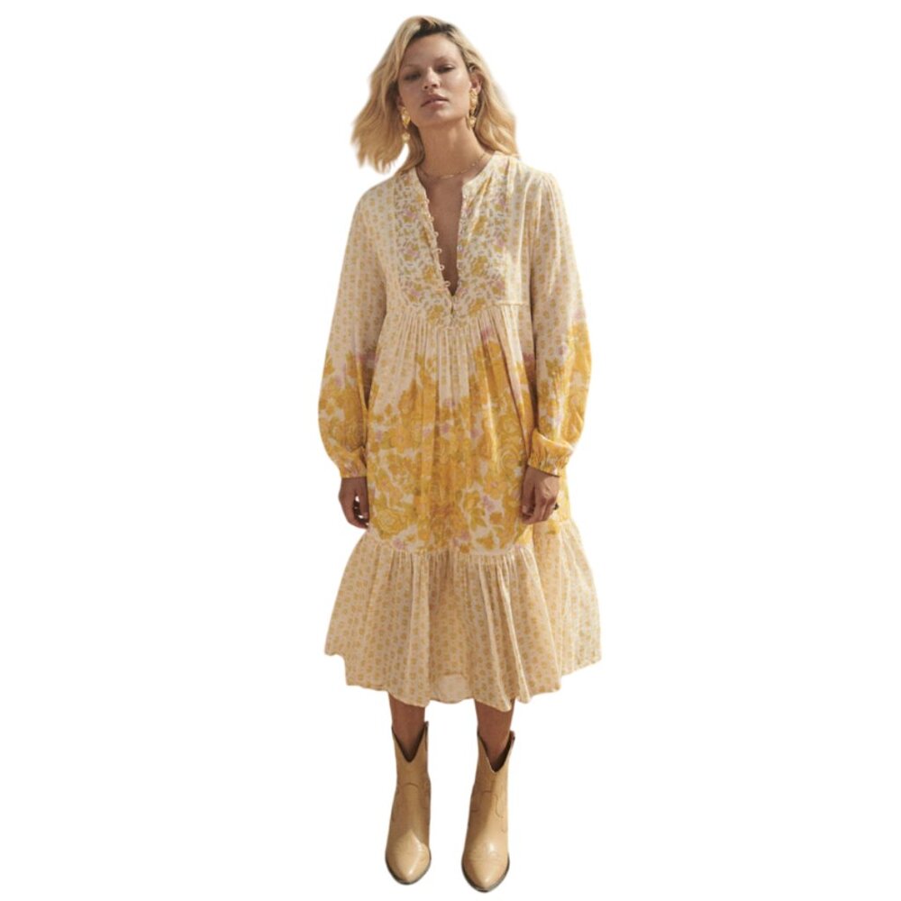 NWT Spell Yellow Rose Midi Dress Womens XL Floral Organic Cotton Long Sleeve NEW - Picture 3 of 14